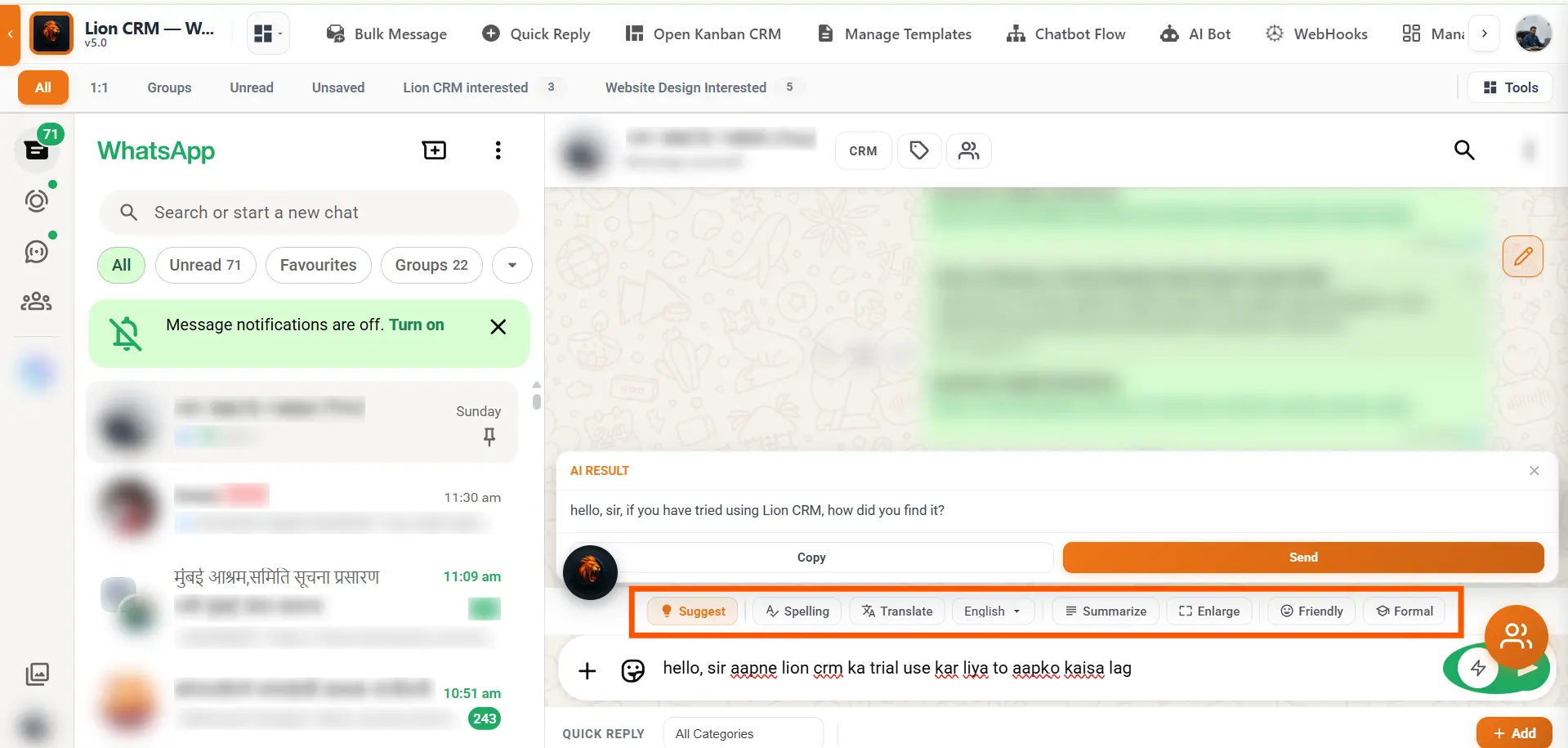 Chat Toolbar Feature - Translate, Summarize, Tone Change in WhatsApp